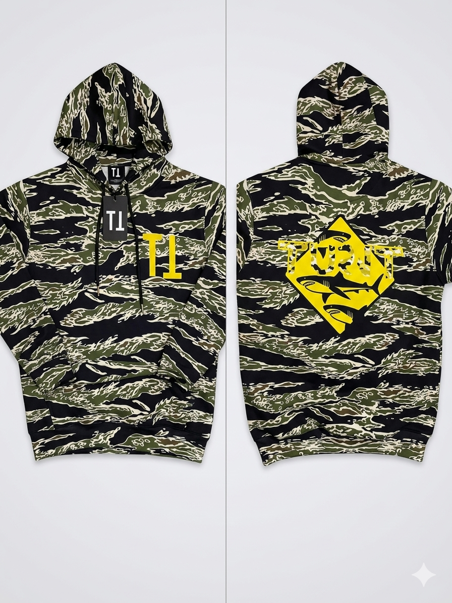 Camouflage hoodie with yellow logo on a white background